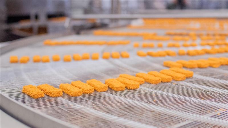 Frosta entwickelt veganes Fischstäbchen ganz ohne Zusatzstoffe Blick in die Produktion der neuen veganen Fischstäbchen bei Frosta.Foto: Arnd Hartmann