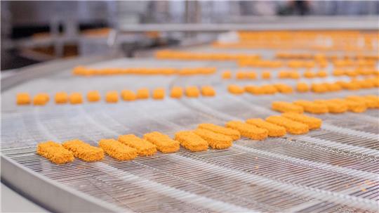 Blick in die Produktion der neuen veganen Fischstäbchen bei Frosta.Foto: Arnd Hartmann