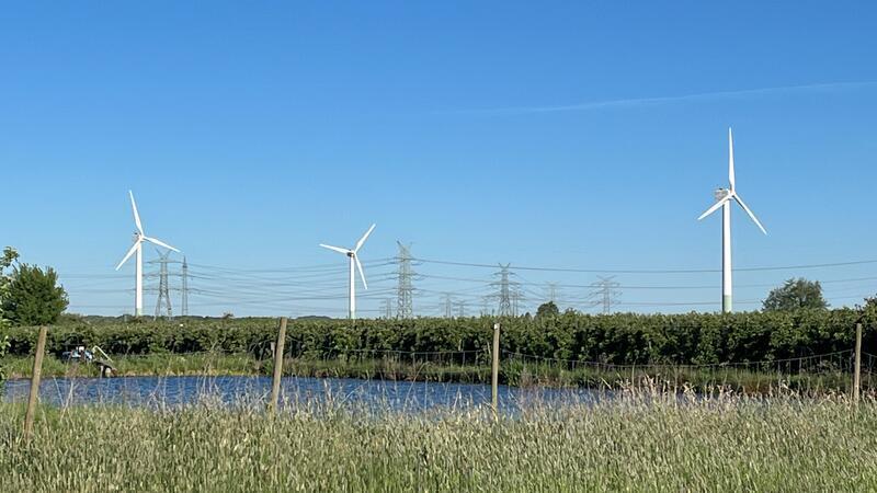 Altländer Grenzstreit: Windkraftpläne der Samtgemeinde Lühe vor dem Aus Blick über die Obstplantagen im Alten Land auf den Windpark Agathenburg an der A26. Der Windpark soll repowert werden, die Anlagen stehen außerhalb des Vorranggebietes Kulturelles Sachgebiet (Altes Land).