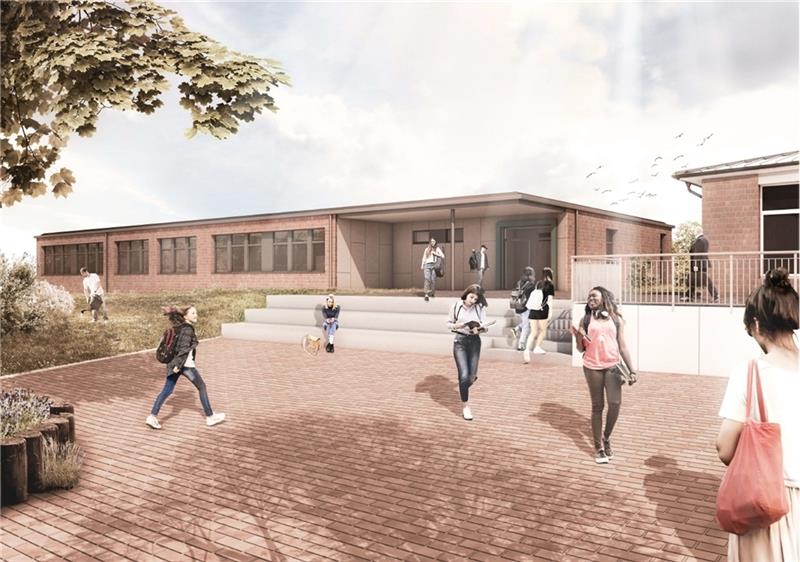 Blick vom Schulhof auf den Neubau der Oberschule – auf einer Ebene mit der Mensa (rechts) geplant. Visualisierung: Frenzel und Frenzel