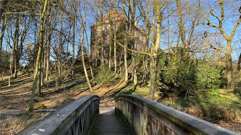 Blick von der Insel auf Schloss Agathenburg.