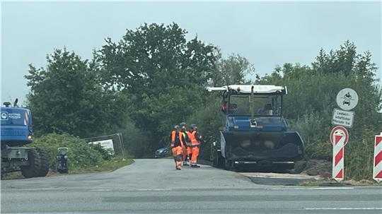 Blick von der L125 in Guderhandviertel auf die Asphaltierungsarbeiten für die Ausweichbuchten der Gasunie-Lkw.