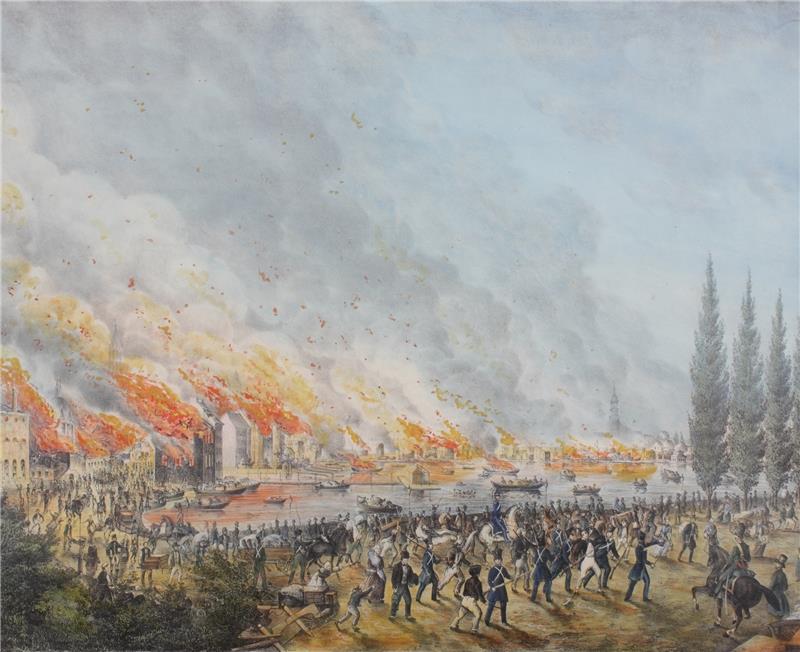 Blick von der Lombardsbrücke beim Großen Brand 1842. Im Vordergrund ist die Binnenalster zu sehen, die damals noch nicht von einem Rechteck umrandet wurde, wie es heute der Fall ist. Hinten rechts ist die Hauptkirche Sankt Michaelis, besser