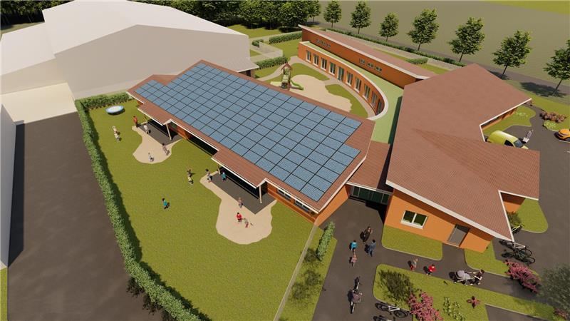 Kita-Neubau in Fredenbeck: Jetzt rollen endlich die Bagger an Blick von oben auf die Kita mit der hufeisenförmigen Anlage.