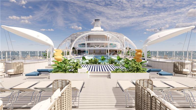 So viel Luxus bieten die neuen Kreuzfahrtschiffe 2024 Blickfang auf dem Pooldeck des achten Tui-Schiffs soll ein durchlässiges Dach sein, dass an eine lichtdurchflutete Grotte erinnern soll. Foto: TUI Cruises/dpa-tmn