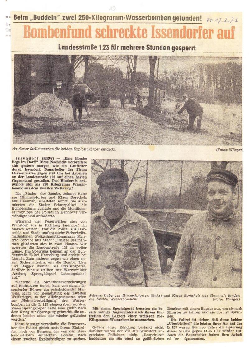 Bombenfund in Issendorf: Ein TAGEBLATT-Artikel aus dem Jahr 1972 fand sich im Nachlass Friedrich Hillmanns.
