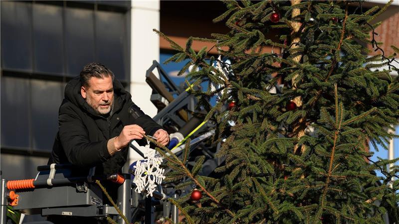 Bürgermeister Christian Belke (parteilos) bringt gespendeten Baumschmuck „“Little Ugly Christmas Tree“ an.