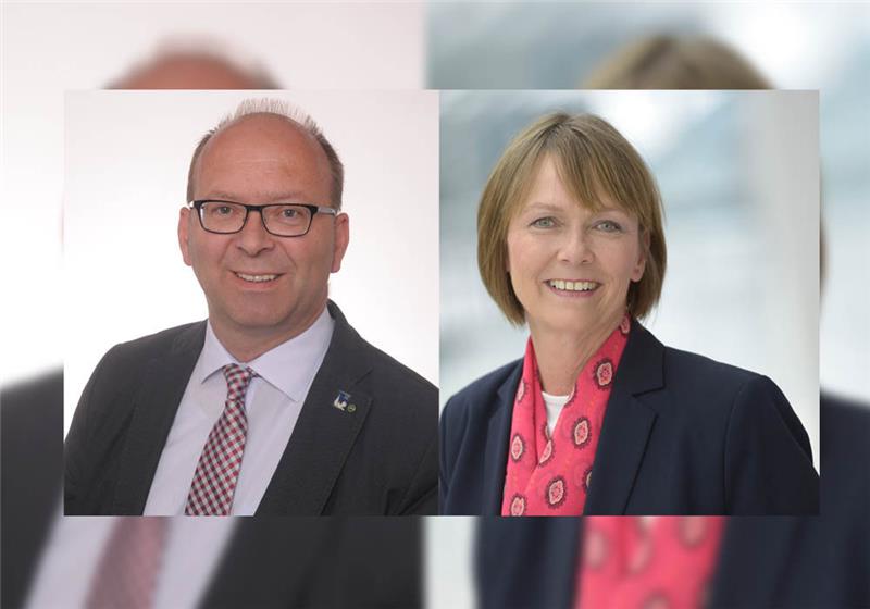 Bürgermeister-Kandidat Sönke Hartlef (CDU) (links) und Bürgermeisterin Silvia Nieber (SPD).