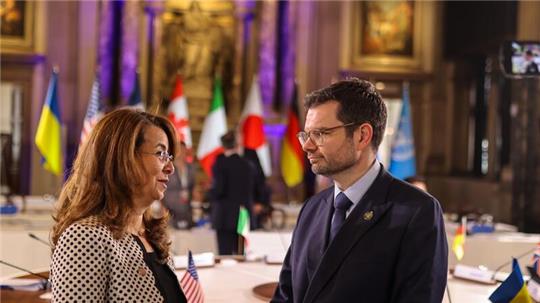 Bundesjustizminister Marco Buschmann (FDP) nimmt an einem Treffen der Justizminister der G7-Staaten teil - an der Seite von Ghada Waly (l), Generaldirektorin des Büros der Vereinten Nationen (UNOV).