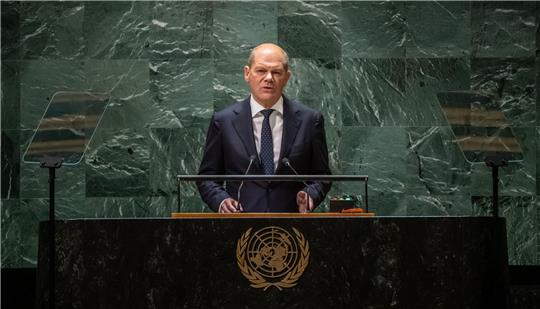 Bundeskanzler Olaf Scholz (SPD) spricht bei der Generaldebatte der UN-Vollversammlung.