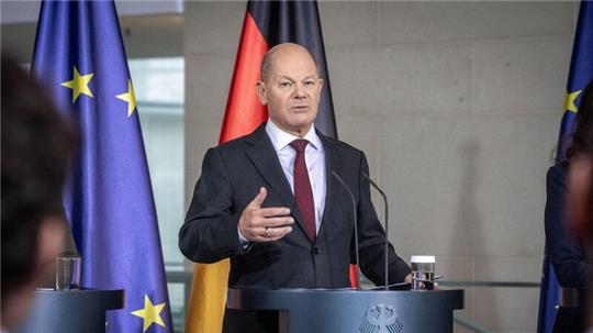 Bundeskanzler Olaf Scholz auf der Pressekonferenz nach dem Treffen der Allianz für Transformation.