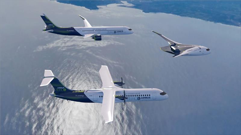Wasserstoff-Antrieb: Airbus holt Safran und General Electric an Bord Codenamen „ZEROe“ – die drei Airbus-Modelle der Verkehrsflugzeugmodelle, die mit Wasserstoff-Technologie betrieben werden sollen.