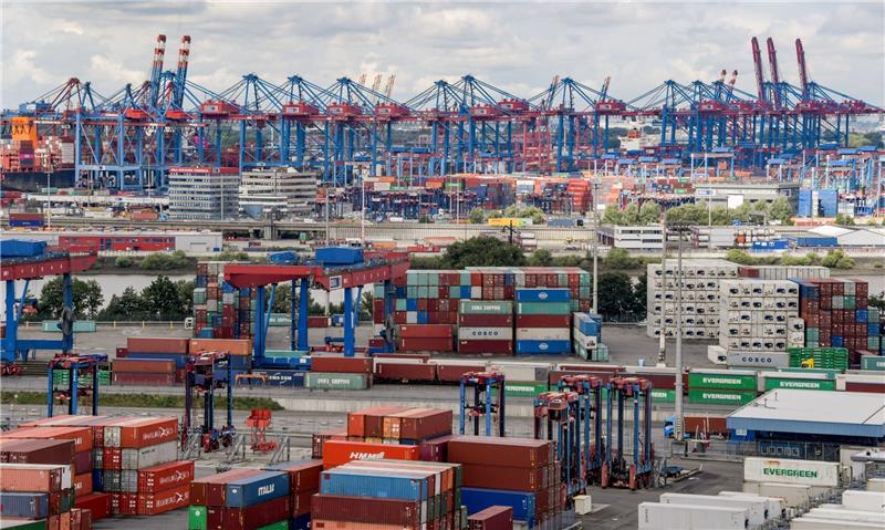 Container sind zur Abfertigung am Containerterminal Tollerort im Hamburger Hafen gestapelt. Foto: Axel Heimken/dpa