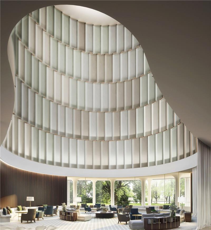 Das 27 Meter hohe Atrium reicht vom Erdgeschoss bis in die sechste Etage.  Fotos The Fontenay Hamburg