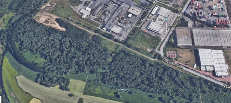 Das 45 Hektar große Waldstück zwischen der Alten Süderelbe und den Vollhöfner Weiden soll neuen Logistikflächen weichen. Foto Google Earth