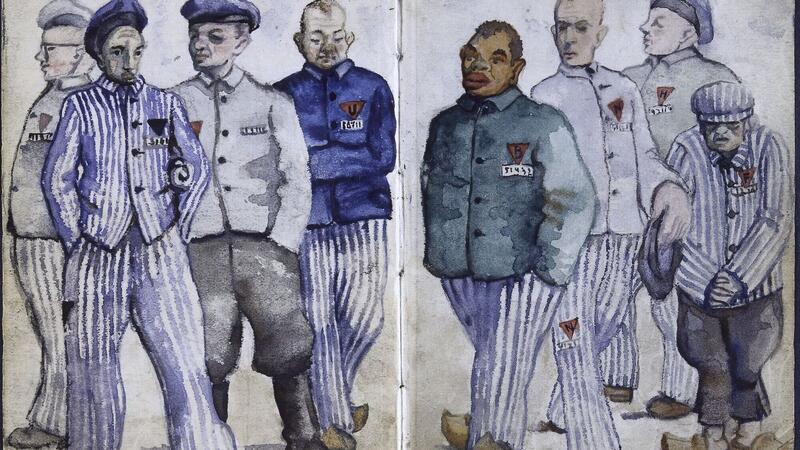 Das Aquarell des ehemaligen Häftlings Vladimír Matêjka zeigt auch einen Häftling mit einem schwarzen Winkel. Die trugen KZ-Häftlinge der von den Nazis neu geschaffenen Häftlingskategorie der „Asozialen“ ab Sommer 1938.