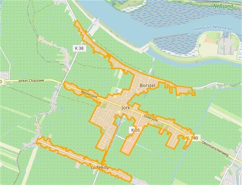 Das Ausbaugebiet von Glasfaser NordWest in Jork. Karte: Glasfaser NordWest