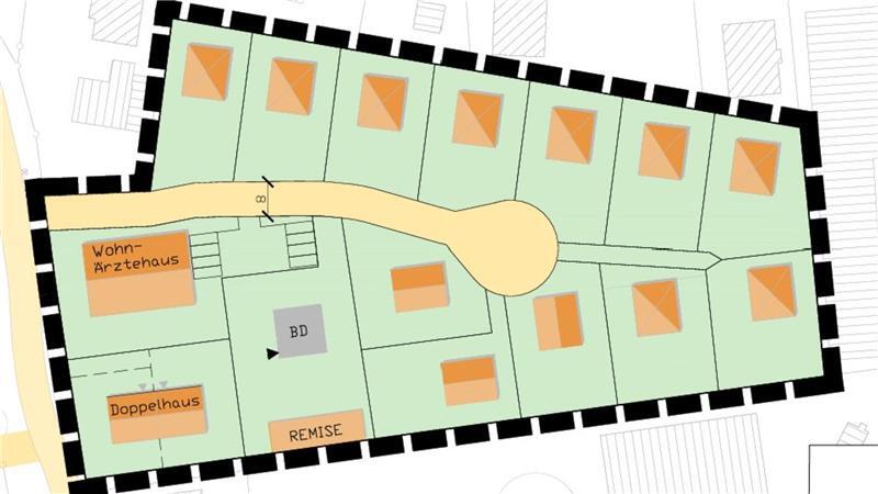 Das Baugebiet Sonnenkamp Ost in Fredenbeck mit Einzel- und Doppelhausbebauung (orange) und der alten Villa (grau) knüpft östlich an die Schwingestraße an.