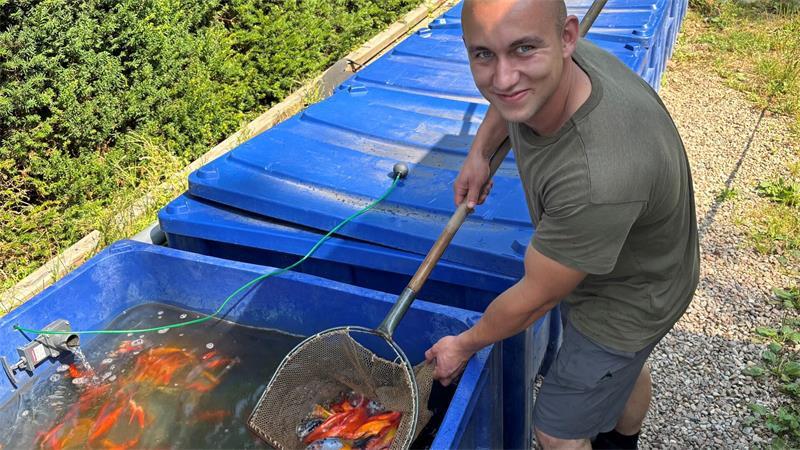 Landesbester aus Moisburg: Fischwirt Leon ist ein toller Hecht Das Bild zeigt Fischwirt Leon Hecht mit Goldfischen im Kescher.
