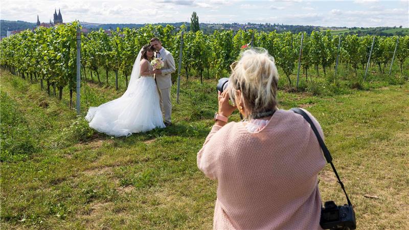 Bilder des Tages Das Brautpaar Isabell und Stephan lässt sich im Weinberg fotografieren.