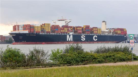 Das Containerschiff "MSC Regulus" liegt auf der Elbe in Höhe von Finkenwerder. Das 366 Meter lange Schiff hat wegen eines Maschinenschadens mit Hilfe von Schleppern in Finkenwerder festgemacht. Zuvor lag es wegen einer Überhitzung des Motors vor Glückstadt auf der Elbe und sei deswegen manövrierunfähig gewesen.