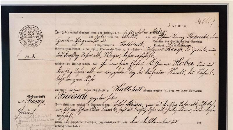 Das Faksimile der Geburtsurkunde von Trumps Großvater, der in der Pfalz zur Welt kam.