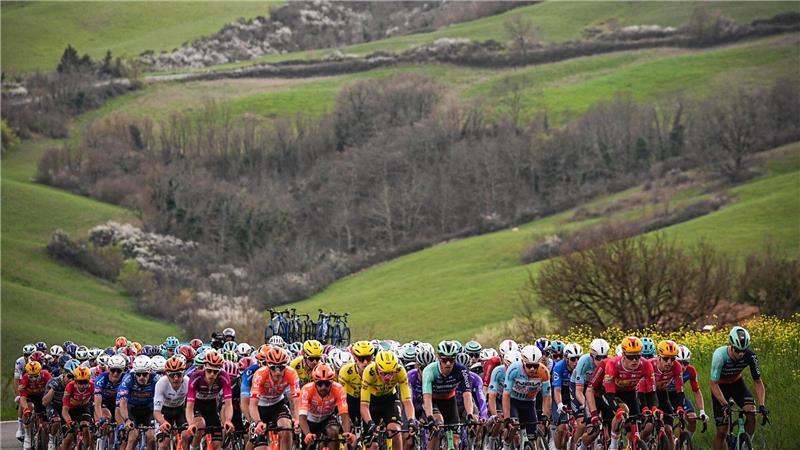 Das Feld der Fahrer fährt durch die toskanische Landschaft während der zweiten Etappe des Tirreno-Adriatico-Radrennens von Camaiore nach San Gimignano.