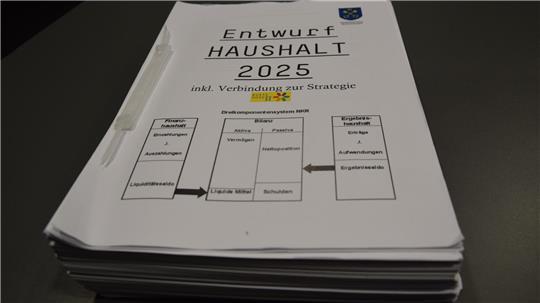 Das Foto zeigt den Haushaltsplanentwurf 2025 der Hansestadt Buxtehude in Papierform. 800 Leistungen und Produkte darin wollen Politiker im nächsten Jahr akribisch durchsehen, um Ausgaben zu kürzen.