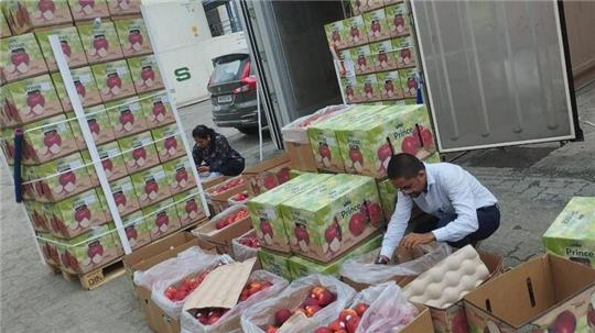 Das Foto zeigt die Qualitätsprüfung von Red-Prince-Äpfeln aus dem Alten Land im August durch die indischen Behörden im Hafen von Nhava Sheva bei Mumbai.