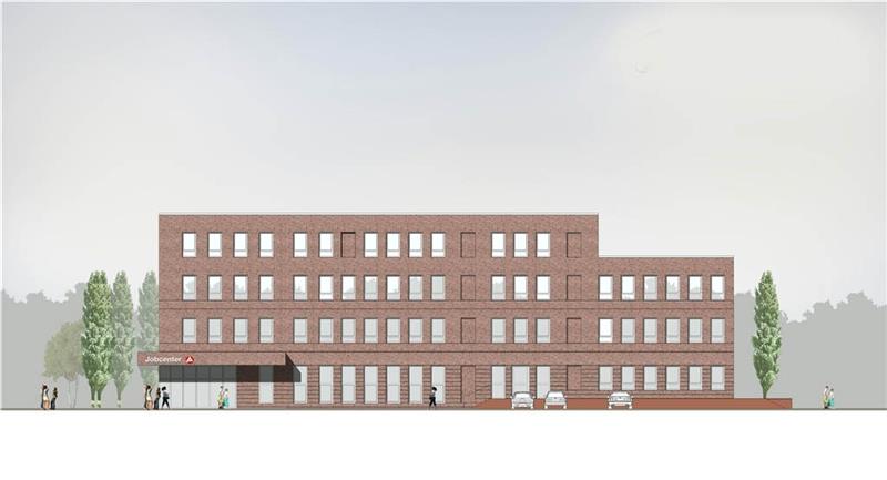 Das Gebäude : Das neue Jobcenter wird durch Klinker und Fensterfronten geprägt – ein Zweckbau mit vielen Büros. Visualisierungen: Lindemann