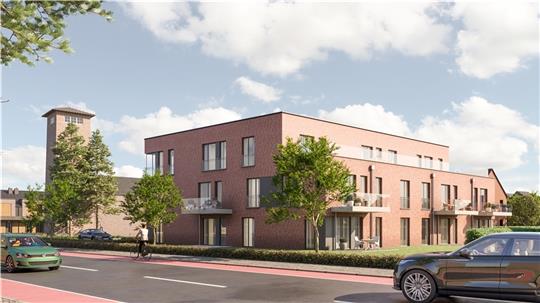 Das Gebäude an der Ecke Sachsenstraße/Feuerwehrstraße wurde so gebaut, dass der Turm auf dem KVG-Gelände von der Straße aus gut zu sehen ist. Visualisierung: Architekt Wilhelmi