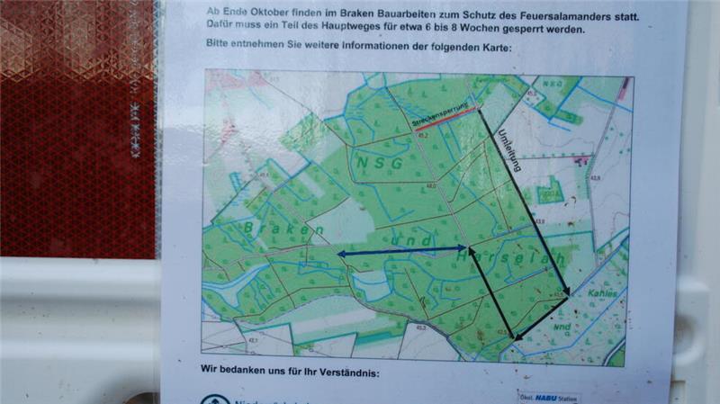 Das Gebiet des Braken mit dem gesperrten Hauptweg (rot). Die Baumaßnahme sollte bereits im September abgeschlossen sein, verzögert sich aber.