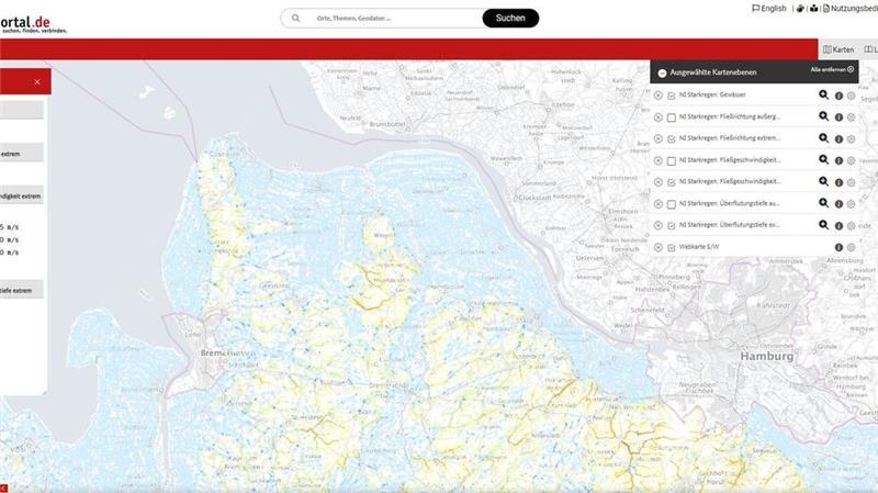 Starkregen und Hochwasser: Neues Portal zeigt betroffene Gebiete auf Karte Das Geoportal zeigt unter anderem die Niederschlagsmenge im Kreis Stade an.