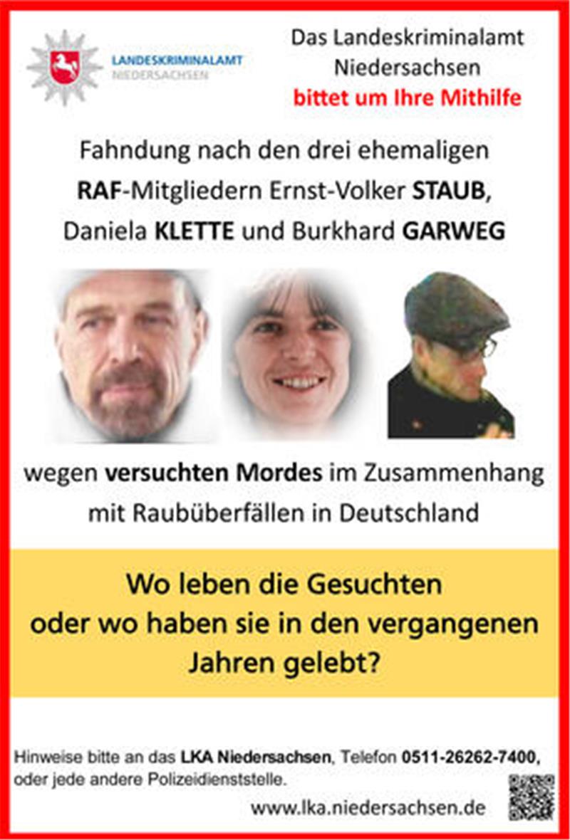 Mathe-Nachhilfe und Kekse: Was Nachbarn über RAF-Terroristin Klette sagen Das Handout des LKA Niedersachsen zeigt die zweite Seite eines Fahndungsaufrufs aus 2019, mit dem die Polizei nach einem Ex-RAF-Trio sucht.