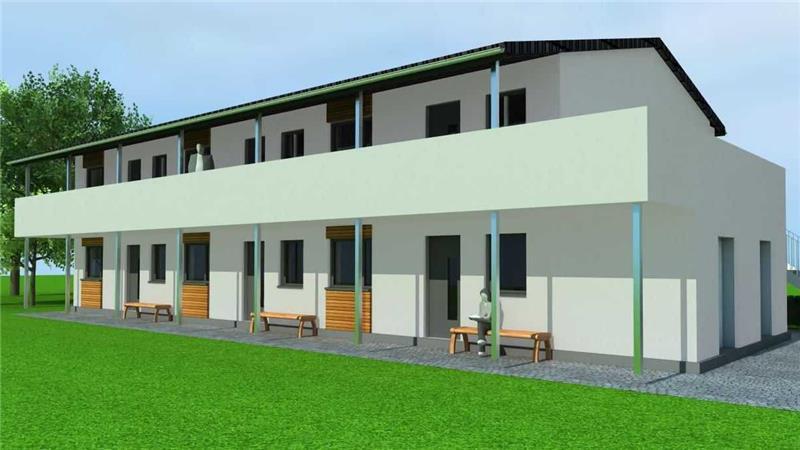Samtgemeinde baut selbst: Baubeginn für zwei Mehrfamilienhäuser Das Haus mit sechs Wohnungen hat Architekt Hendrik Kück vom Büro Tabery in Bremervörde mit einem Laubengang statt Treppenhaus geplant.