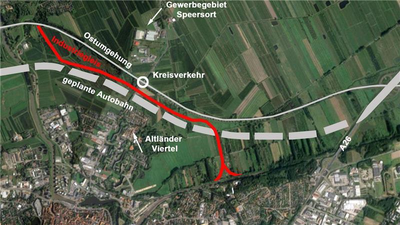 Das Industriegleis und die geplante Autobahn sind rot beziehungsweise als gestrichelte Linie markiert.