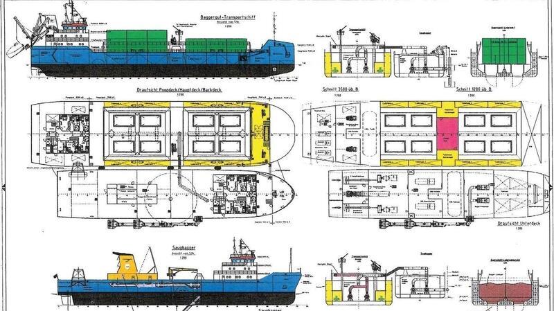 Das Konzept „Bagger ohne Laderaum und separate Transportschiffe“ im Auszug einer Planzeichnung mit den Schiffstypen Bagger (unten) und Transportschiff (oben).