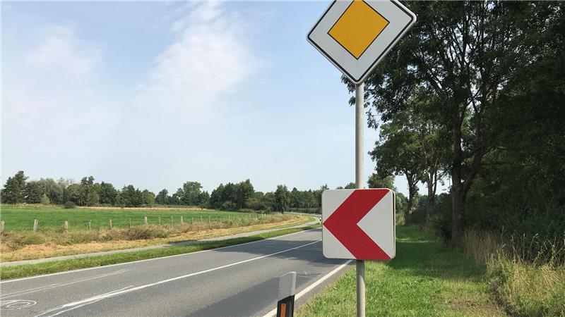Nach tödlichem Unfall: Mutter kämpft für mehr Sicherheit an der B495 Das Kurvenschild ist auf Kopfhöhe der Kinder montiert.