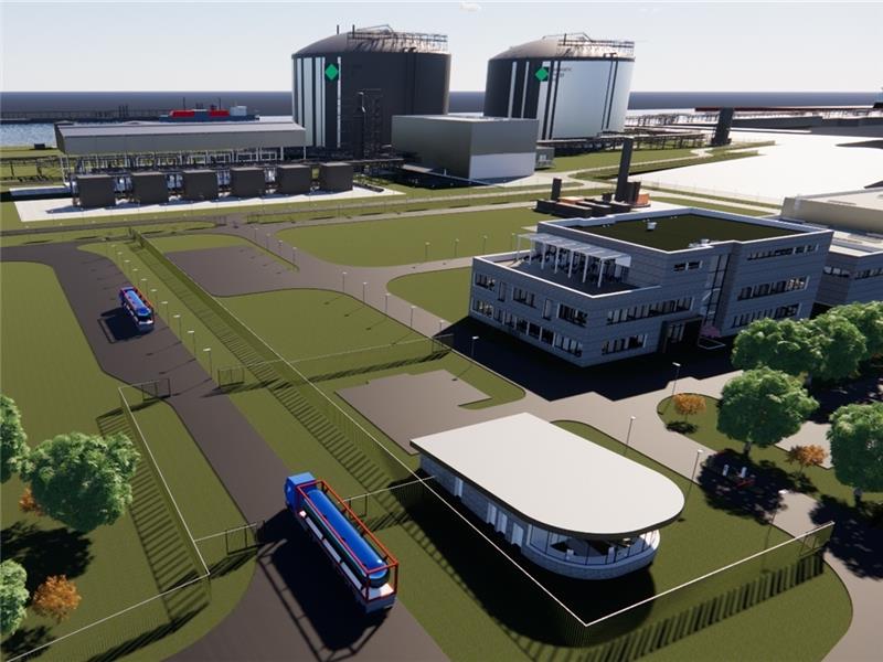 Das LNG-Terminal an Land mit den beiden 60 Meter hohen Gaslagern.