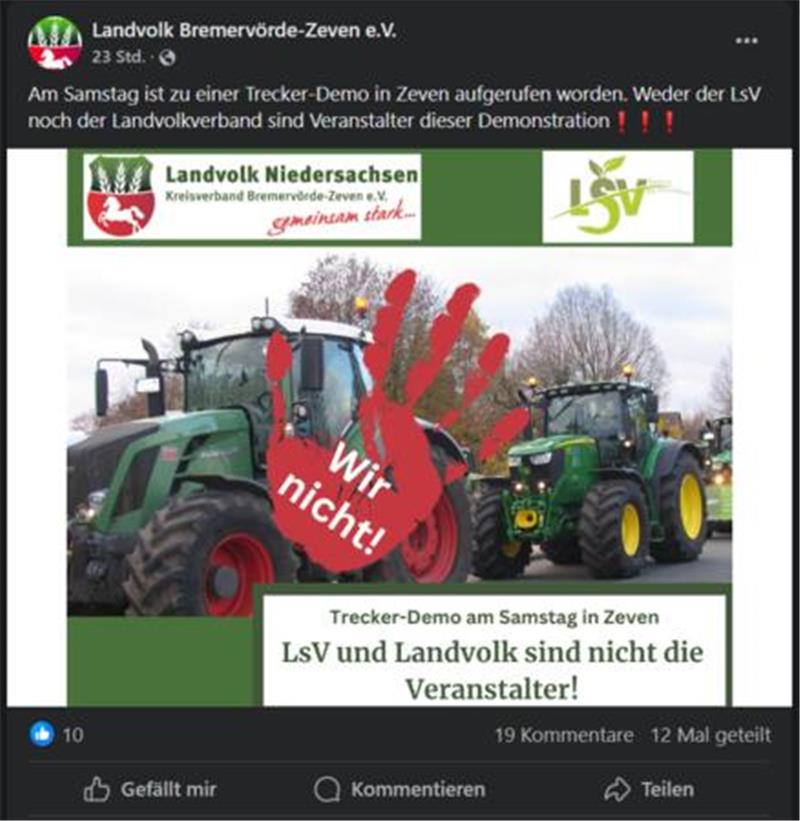 „Demo-Konvoi“ mit Traktoren in Zeven geplant – Bauernverbände distanzieren sich Das Landvolk distanziert sich in einem Facebook-Post ausdrücklich von der geplanten Demonstration in Zeven.