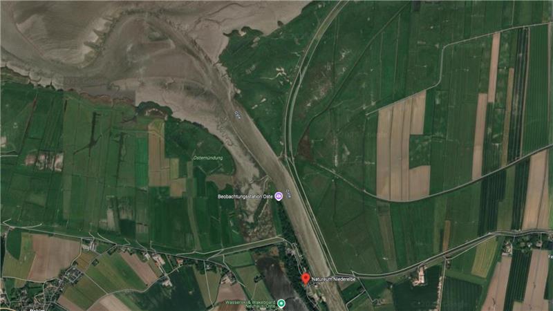 Das Luftbild zeigt die Ostemündung mit der Beobachtungsstation im nördlichsten Zipfel des Natureum-Geländes, dem neuen Ostestrom östlich des Natureums und dem Altarm mit dem Ostesee links des Geländes.