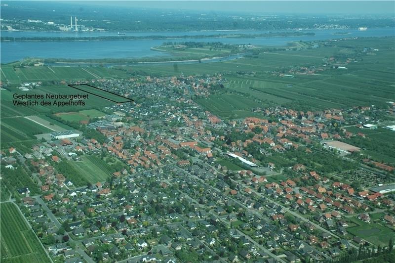 Jork stellt Pläne für neues Baugebiet vor Das Luftfoto zeigt die Wohngebiete in Jork (vorne) und in Borstel; oben sind die Elbe und die Gefängnisinsel Hahnöfersand zu sehen. Schwarz umrandet ist das geplante Baugebiet „Westlich des Appelhoffs“.