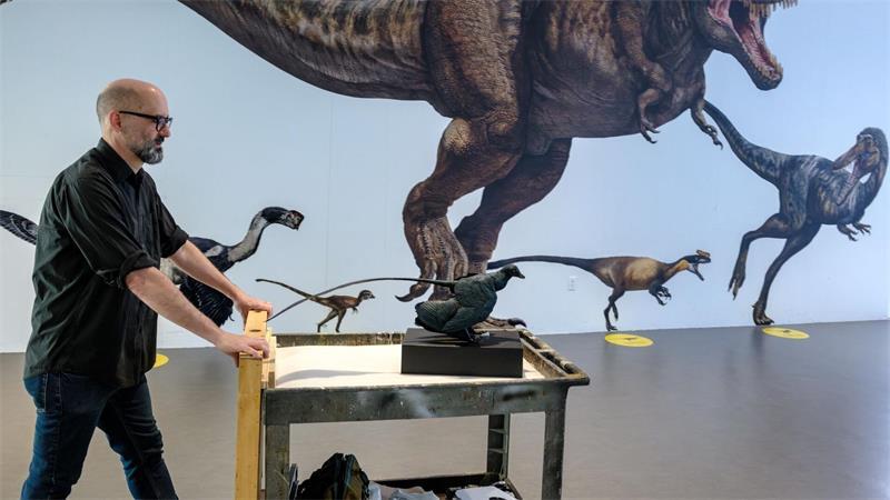 Warum Dinosaurier nie so klein waren wie eine Maus Das Modell eines Microraptors auf einem Wagen im Museum zeigt, wie groß selbst die kleinsten Dinosaurier waren. (Handout)