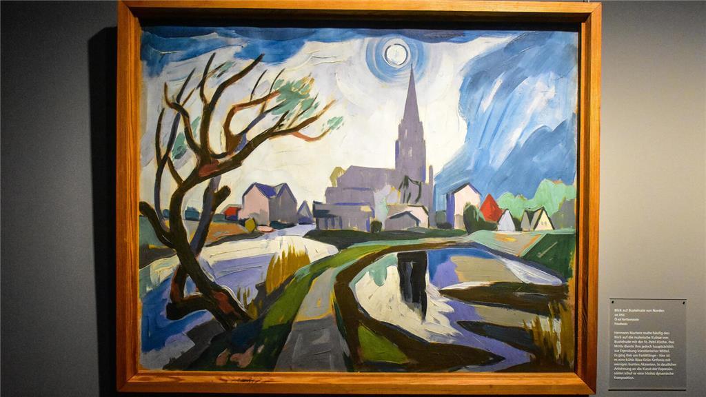 Das Öl-Gemälde auf Hartfaserplatte „Blick auf Buxtehude von Norden“ (um 1950) vo...