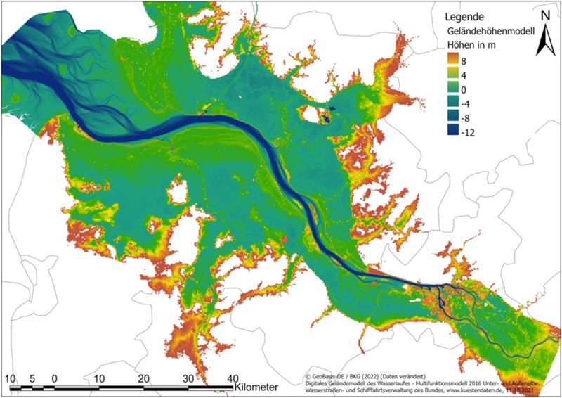 Kommt das Mega-Sperrwerk in der Elbmündung? Das Projektgebiet im Vorhaben „TideelbeKlima“ entspricht den aktuell und zukünftig überflutungsgefährdeten Gebieten im Bereich der Tideelbe. Alle Gebiete unterhalb von acht Meter Normalhöhennull sind farbig markiert.