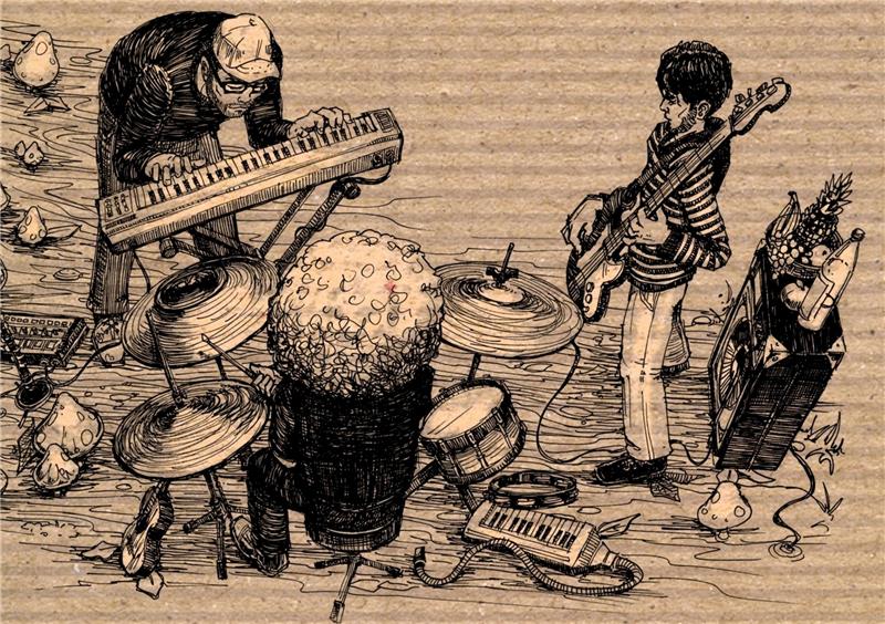 Das Pure Fruit Orchestra spielt jazzigen Reggae. Zeichnung Timo Zett