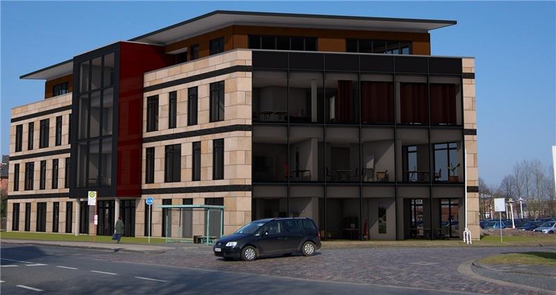Das sind Stades neueste Bau-Pläne Das Schiffertorhaus direkt an der Einfahrt zum Stadeum und seinen Parkplätzen ist geprägt durch geschliffenen Sandstein, Granit und Glas. Visualisierung Architekturbüro Stüven