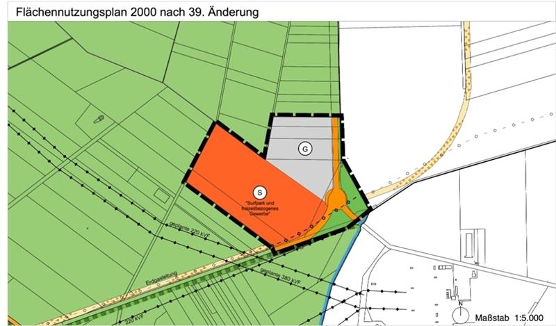Pläne für den Stader Surfpark kommen voran Das Sondergebiet „Surfpark und freizeitbezogenes Gewerbe“ (S) und das anschließende Gewerbegebiet im Änderungsentwurf des F-Plans umfassen etwa 20 Hektar und liegen nordwestlich des Dollerner Kreisels.