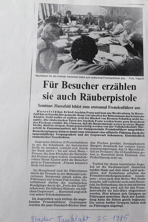 Das Stader TAGEBLATT berichtete in seiner Ausgabe am 3. Mai 1985 über den Ausbildungkurs der Gästeführerinnen.
