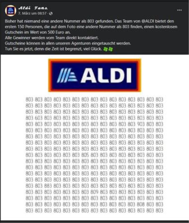 „Das Team von @ALDI bietet den ersten 150 Personen, die auf dem Foto eine andere Nummer als 803 finden, einen kostenlosen Gutschein im Wert von 500 Euro an“, hieß es in dem Facebook-Aufruf. Der Beitrag ist mittlerweile nicht mehr abrufbar (Archiv).